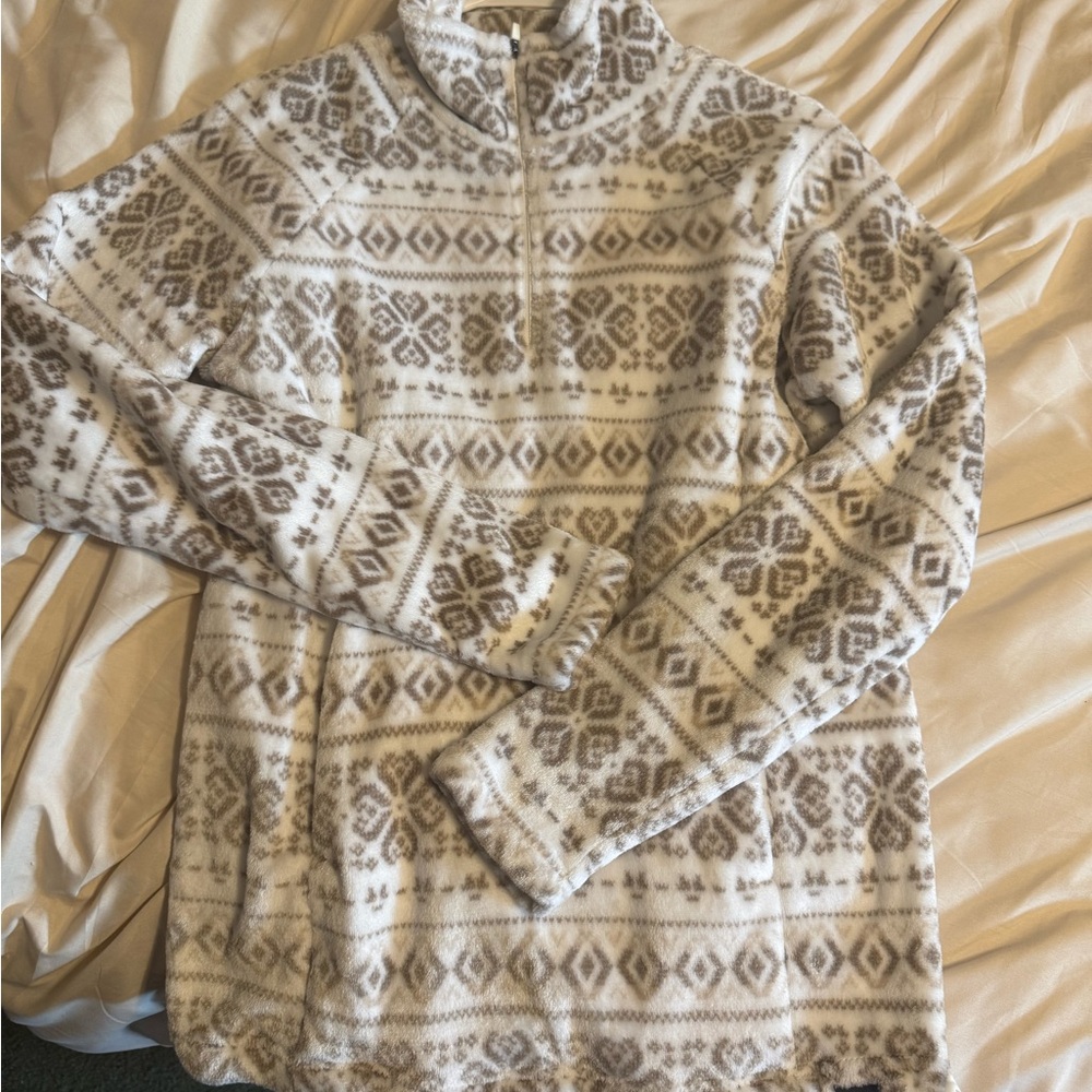 Eddie Bauer Cream and Brown Zip Up Sweater